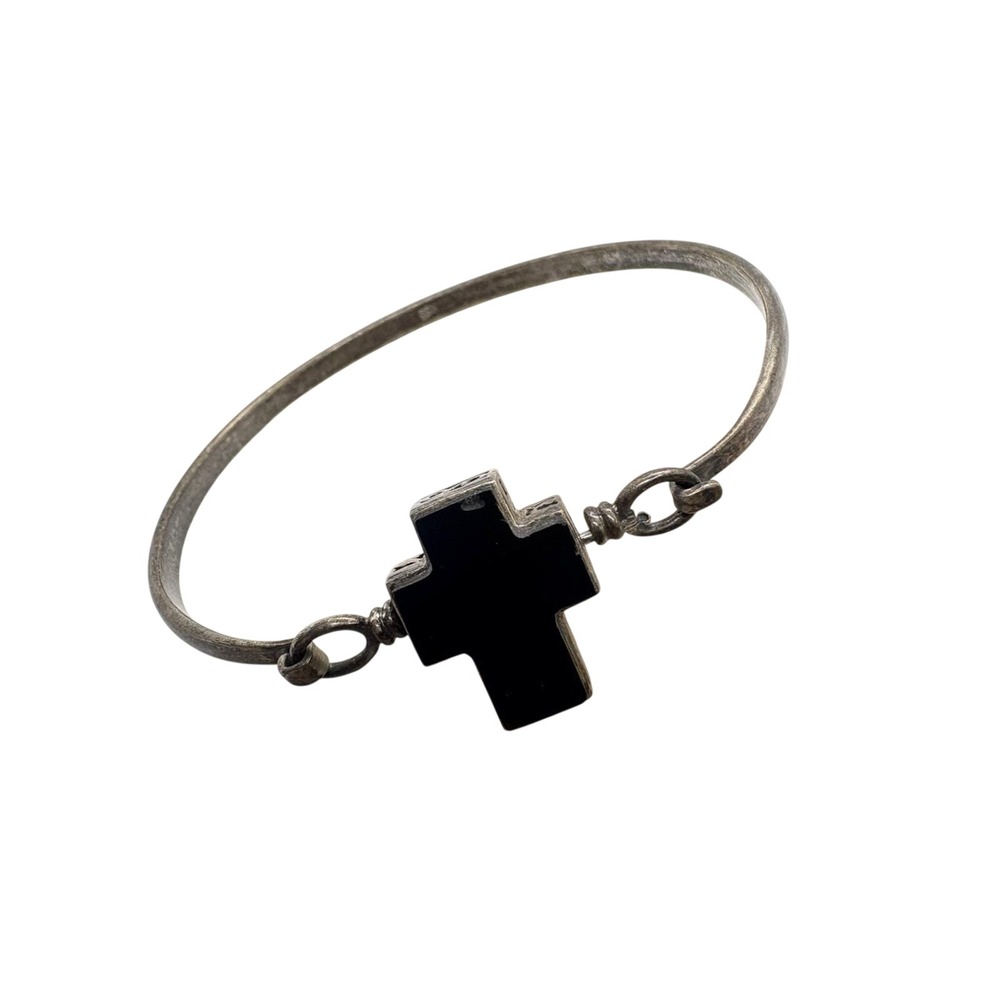 Vintage Sterling Silver Onyx Cross Bangle Bracelet 925‎ Two-Sided 7.25" 15.38g